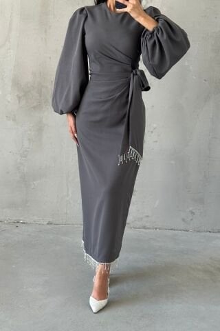 Double Krep Şık Tasarım Tesettür Abiye Gri