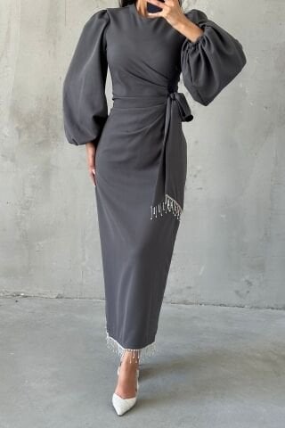 Double Krep Şık Tasarım Tesettür Abiye Gri