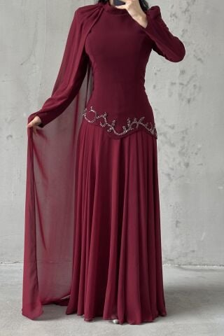 Zehra Hijab Evening Dress Burgundy