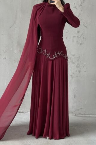 Zehra Hijab Evening Dress Burgundy