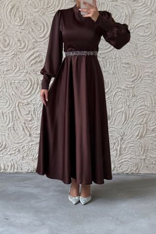 Basic Satin Hijab Evening Dress Brown with Sparkly Belt Detail