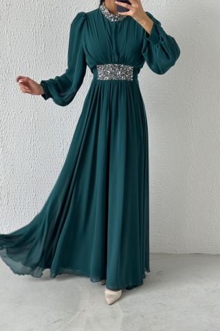 Modern Design Stone Detailed Chiffon Hijab Evening Dress Green
