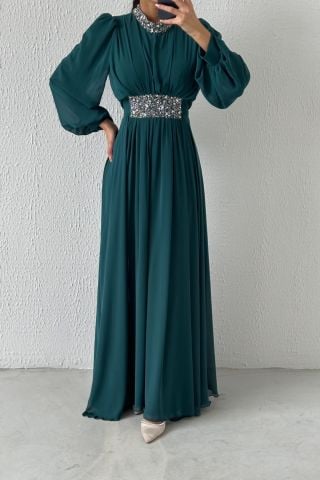 Modern Design Stone Detailed Chiffon Hijab Evening Dress Green