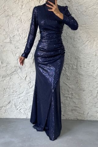 Fish Model Sequined Hijab Evening Dress Navy Blue
