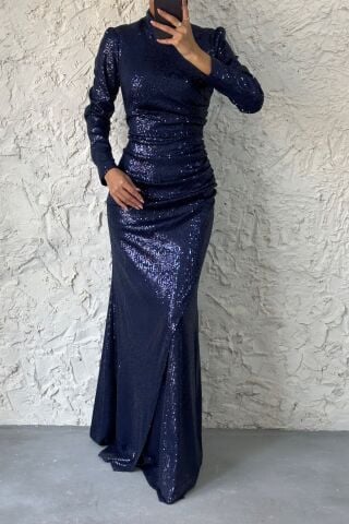 Fish Model Sequined Hijab Evening Dress Navy Blue