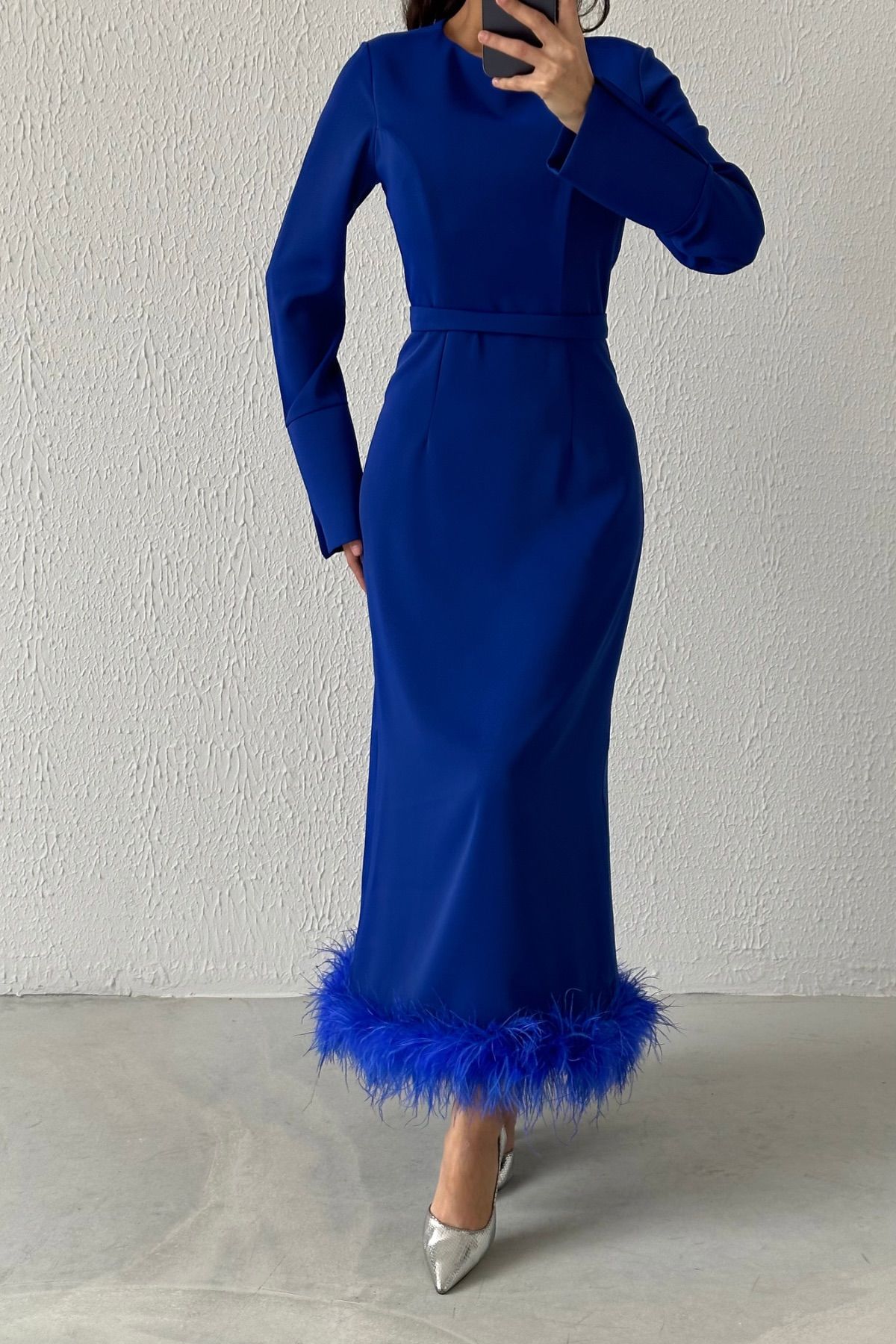 Etek Ucu Tüy Detaylı Krep Tesettür Abiye Saks Mavisi