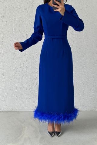 Etek Ucu Tüy Detaylı Krep Tesettür Abiye Saks Mavisi