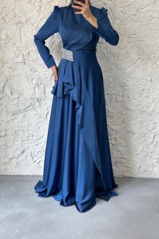Frill Detailed Satin Hijab Evening Dress with Stone Waist Indigo