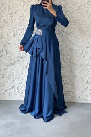 Frill Detailed Satin Hijab Evening Dress with Stone Waist Indigo