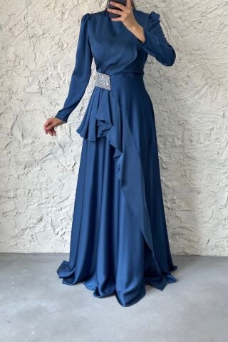 Frill Detailed Satin Hijab Evening Dress with Stone Waist Indigo