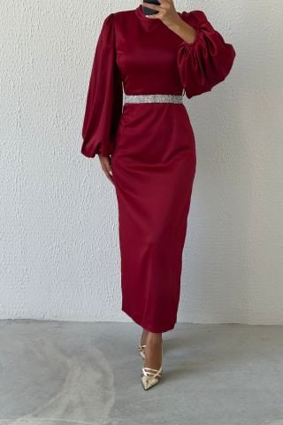 Saten Şıklığı Taş Kemerli Tesettür Abiye Bordo