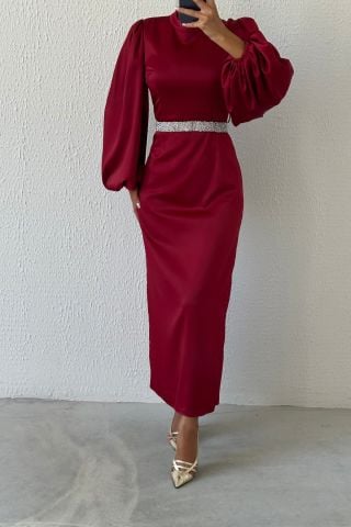 Saten Şıklığı Taş Kemerli Tesettür Abiye Bordo