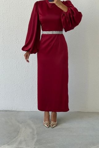 Saten Şıklığı Taş Kemerli Tesettür Abiye Bordo