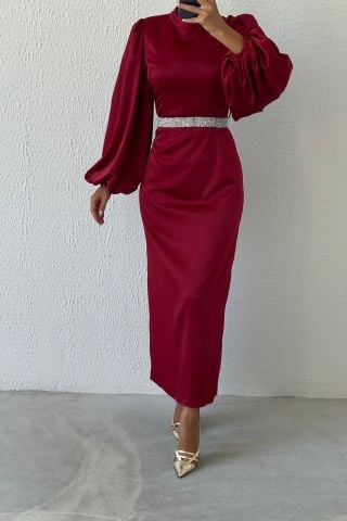 Saten Şıklığı Taş Kemerli Tesettür Abiye Bordo