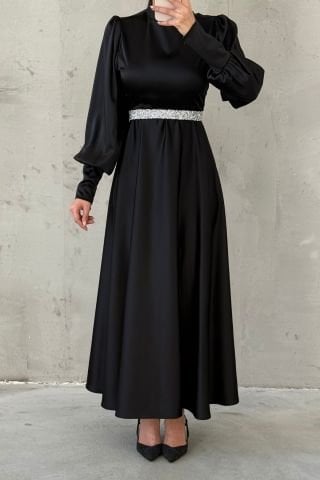Işıltılı Kemer Detaylı Basic Saten Tesettür Abiye Siyah