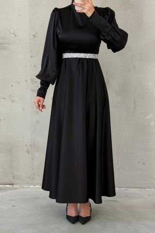 Işıltılı Kemer Detaylı Basic Saten Tesettür Abiye Siyah