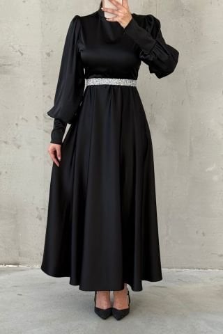 Işıltılı Kemer Detaylı Basic Saten Tesettür Abiye Siyah