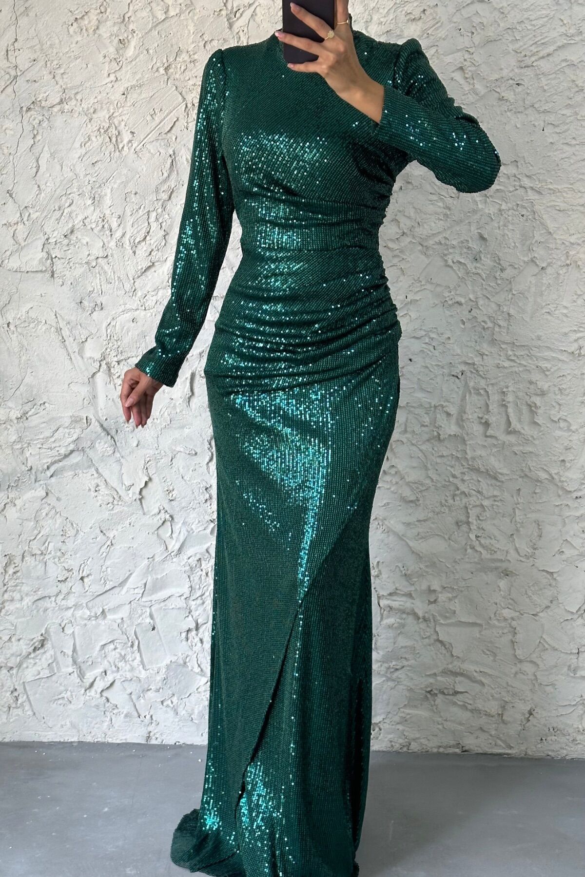 Fish Model Sequined Hijab Evening Dress Emerald Green