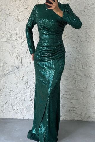Fish Model Sequined Hijab Evening Dress Emerald Green