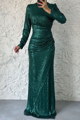 Fish Model Sequined Hijab Evening Dress Emerald Green