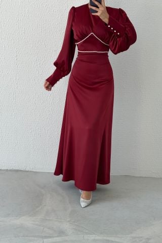 Eşsiz İnci Detaylı Saten Tesettür Abiye Bordo