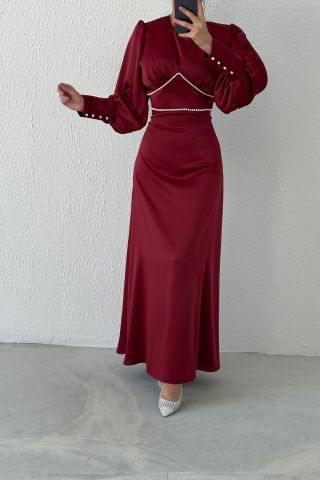 Eşsiz İnci Detaylı Saten Tesettür Abiye Bordo