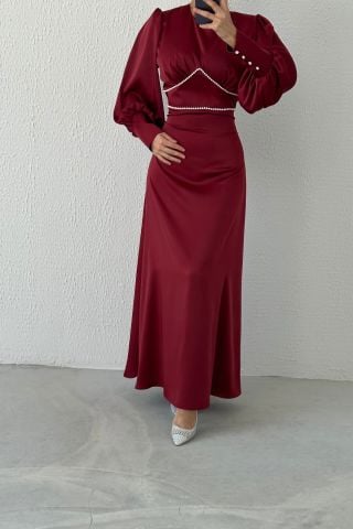 Eşsiz İnci Detaylı Saten Tesettür Abiye Bordo