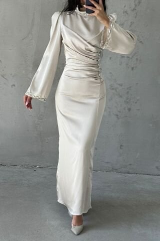 Eşsiz Drape Ve Taş Detaylı Saten Tesettür Abiye Taş