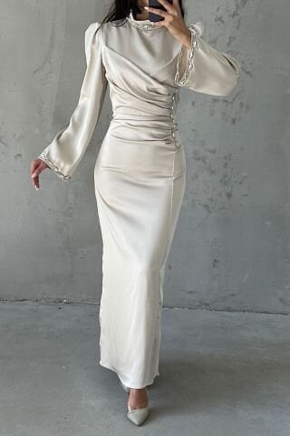 Eşsiz Drape Ve Taş Detaylı Saten Tesettür Abiye Taş