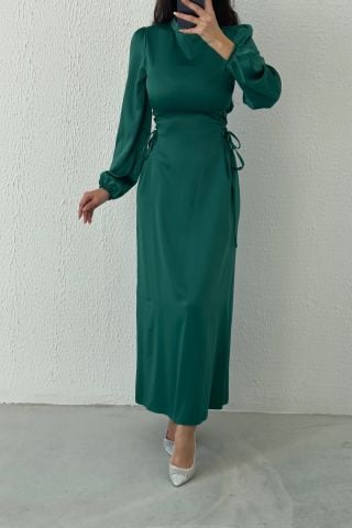 Satin Hijab Evening Dress with Waist Tie Detail Dark Green