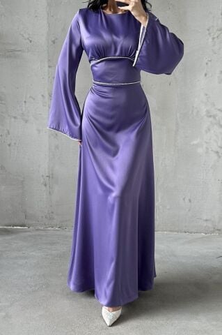 Satin modest evening dress with ruffled sleeves and pearl embellishments at the sleeves and waist, lilac.