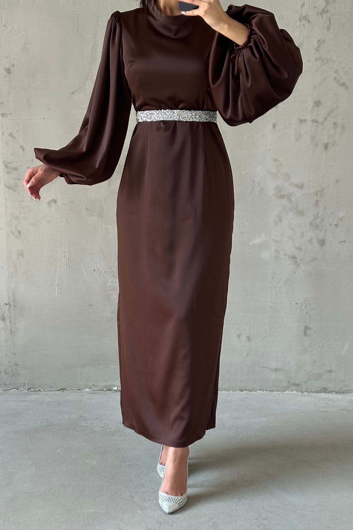 Satin Elegance Stone Belted Hijab Evening Dress Brown