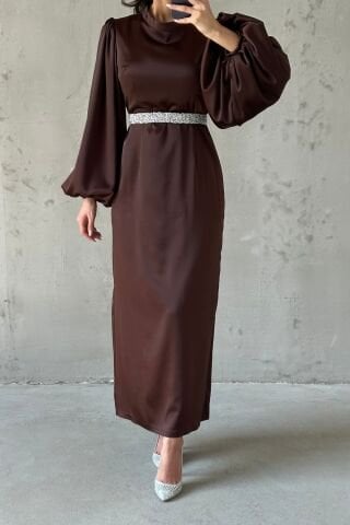 Satin Elegance Stone Belted Hijab Evening Dress Brown