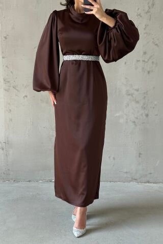 Satin Elegance Stone Belted Hijab Evening Dress Brown