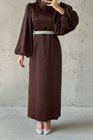 Satin Elegance Stone Belted Hijab Evening Dress Brown