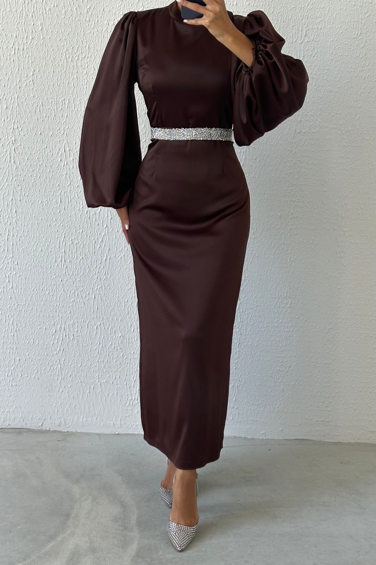 Satin Elegance Stone Belted Hijab Evening Dress Brown