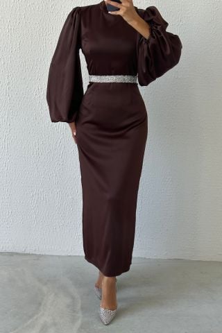 Satin Elegance Stone Belted Hijab Evening Dress Brown
