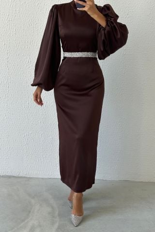 Satin Elegance Stone Belted Hijab Evening Dress Brown