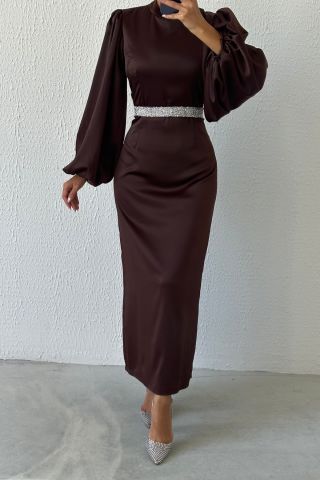 Satin Elegance Stone Belted Hijab Evening Dress Brown