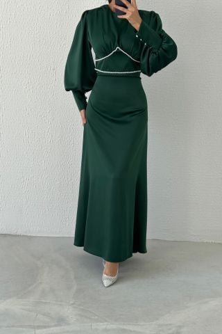 Eşsiz İnci Detaylı Saten Tesettür Abiye Yeşil