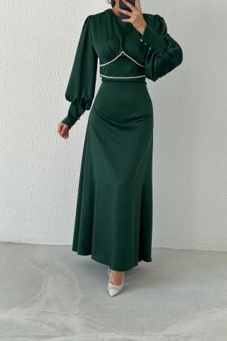 Eşsiz İnci Detaylı Saten Tesettür Abiye Yeşil