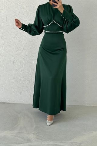 Eşsiz İnci Detaylı Saten Tesettür Abiye Yeşil