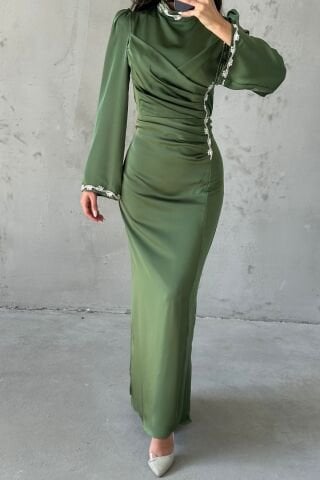 Unique Draped and Stone Detailed Satin Hijab Evening Dress Khaki