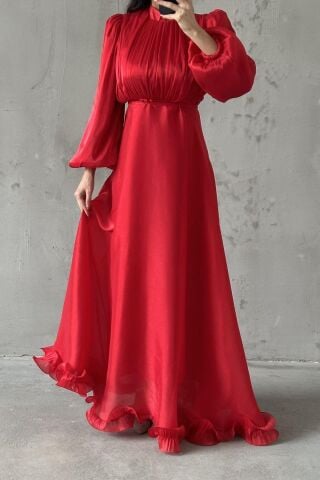 İnci Akış  Tesettür Abiye Kırmızı