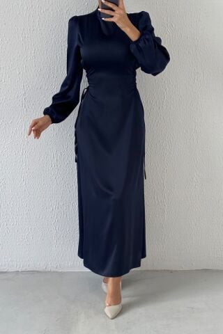 Satin Hijab Evening Dress with Waist Tie Detail, Navy Blue