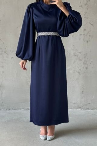 Saten Şıklığı Taş Kemerli Tesettür Abiye Lacivert