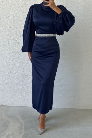 Satin Elegance Stone Belted Hijab Evening Dress Navy Blue