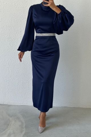 Satin Elegance Stone Belted Hijab Evening Dress Navy Blue