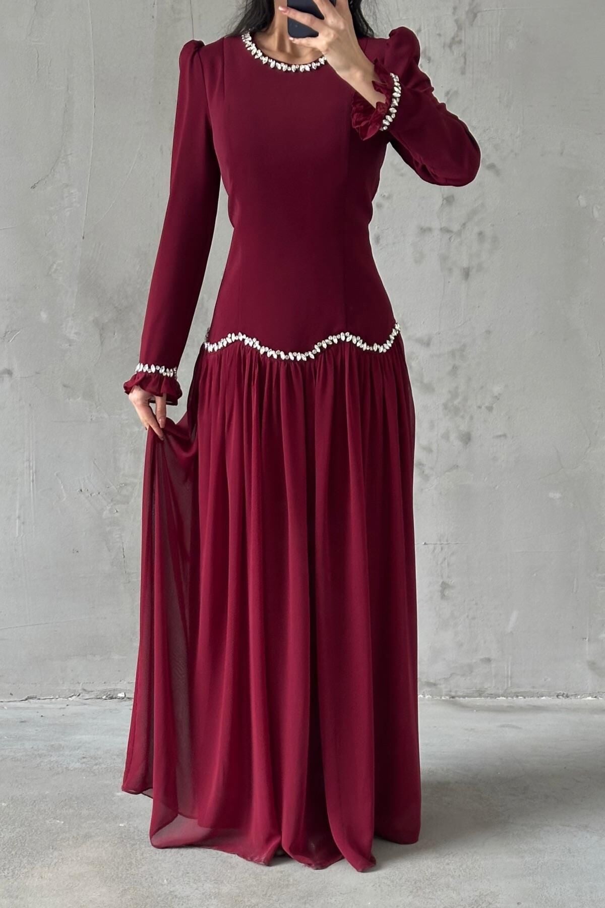 Meryem Tesettür Abiye Bordo