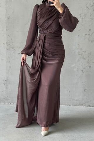 Drape and Tail Detailed Hijab Evening Dress Brown